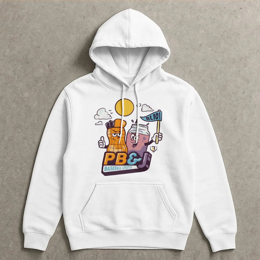Funny PB&J Baseball Hoodie | Cartoon Peanut & Jelly Graphic | Soft Cotton Unisex Tee | Gift for Baseball Lover and Softball Fans
