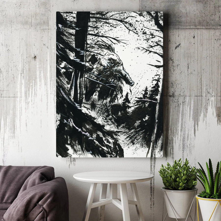 Gothic Skull Canvas Wall Art | Monochrome Ink Brushstroke Design | Premium Gallery Wrapped Canvas | Dark Fantasy Home Decor Collector's Gift