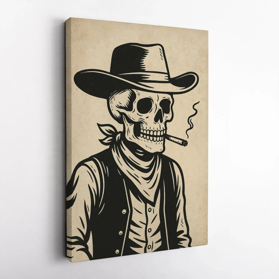 Western Cowboy Skeleton Canvas | Smoking Skull Wall Art | Premium Gallery Wrap Print | Edgy Gothic Home Decor Gift