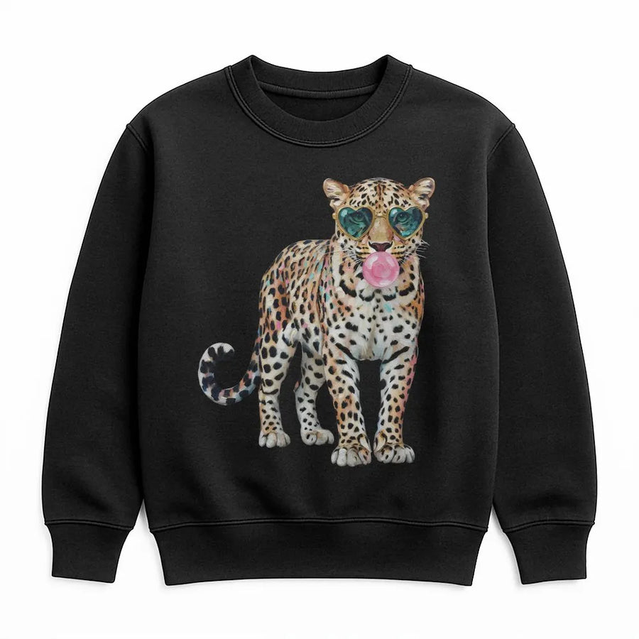 Leopard Bubblegum Sweatshirt | Cute Animal Print with Heart Sunglasses | Soft Cozy Pullover | Unisex Gift for Leopard Lovers