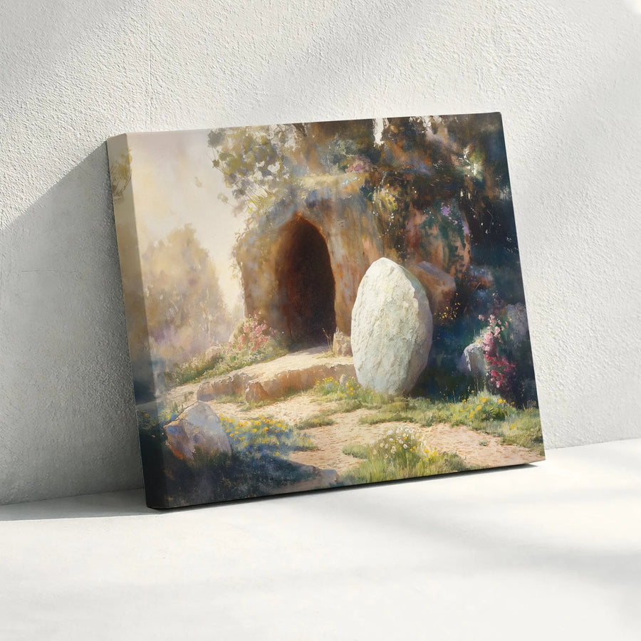 Empty Tomb Canvas Wall Art | Watercolor Easter Morning Scene | Premium Stretched Canvas | Inspirational Christian Gift