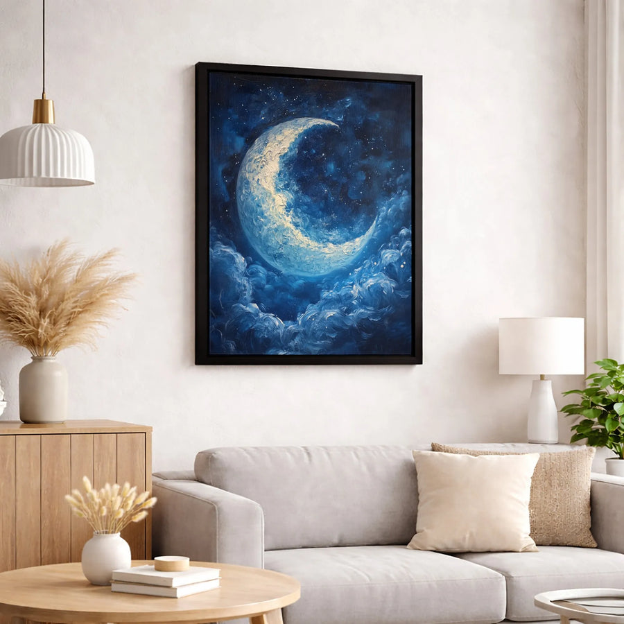 Crescent Moon Canvas Wall Art | Textured Starry Night Sky Decor | Premium Gallery Wrap Print | Celestial Home Interior Gift