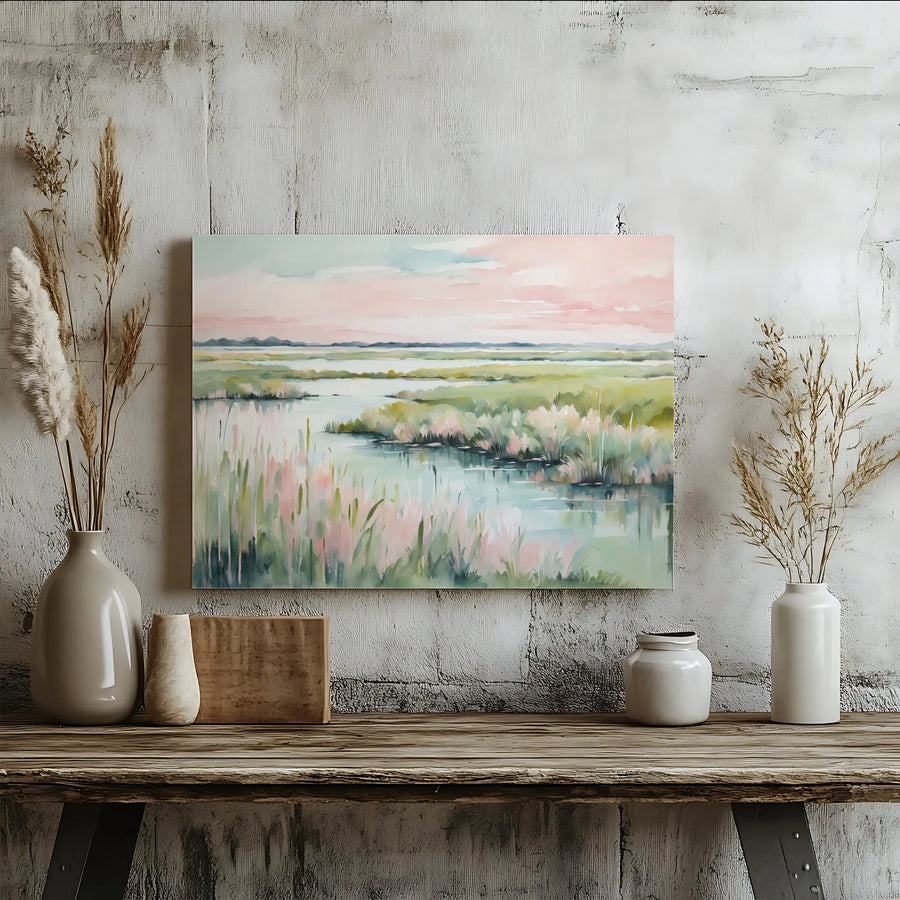 Marsh Landscape Canvas Print | Abstract Watercolor Marsh Scene | Premium Gallery Wrapped Art | Modern Coastal Wall Decor Gift