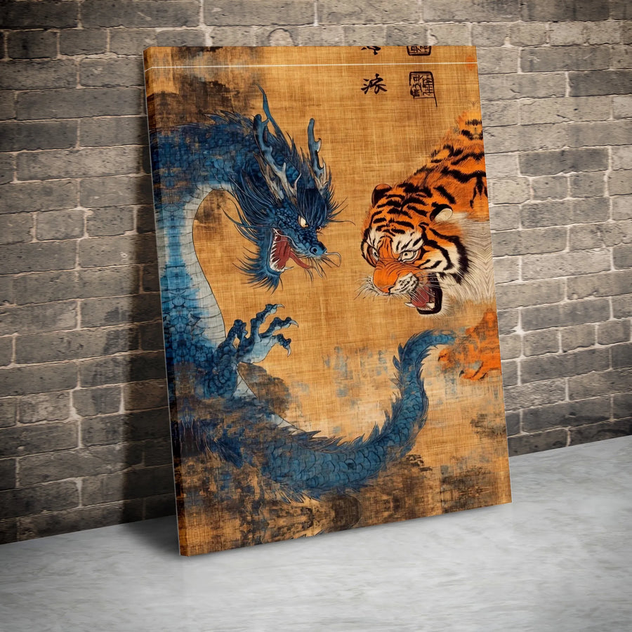Japanese Dragon And Tiger Canvas | Traditional Ukiyo-e Style Wall Art | Premium Gallery Wrap | Zen Home Decor Gift for Him