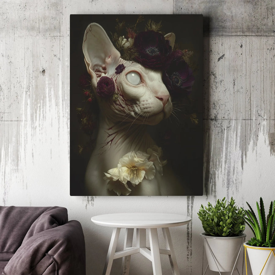 Gothic Sphynx Cat Canvas Art | Dark Floral Crown Portrait | 1.25 Inch Gallery Wrap | Moody Witchy Home Decor Gift