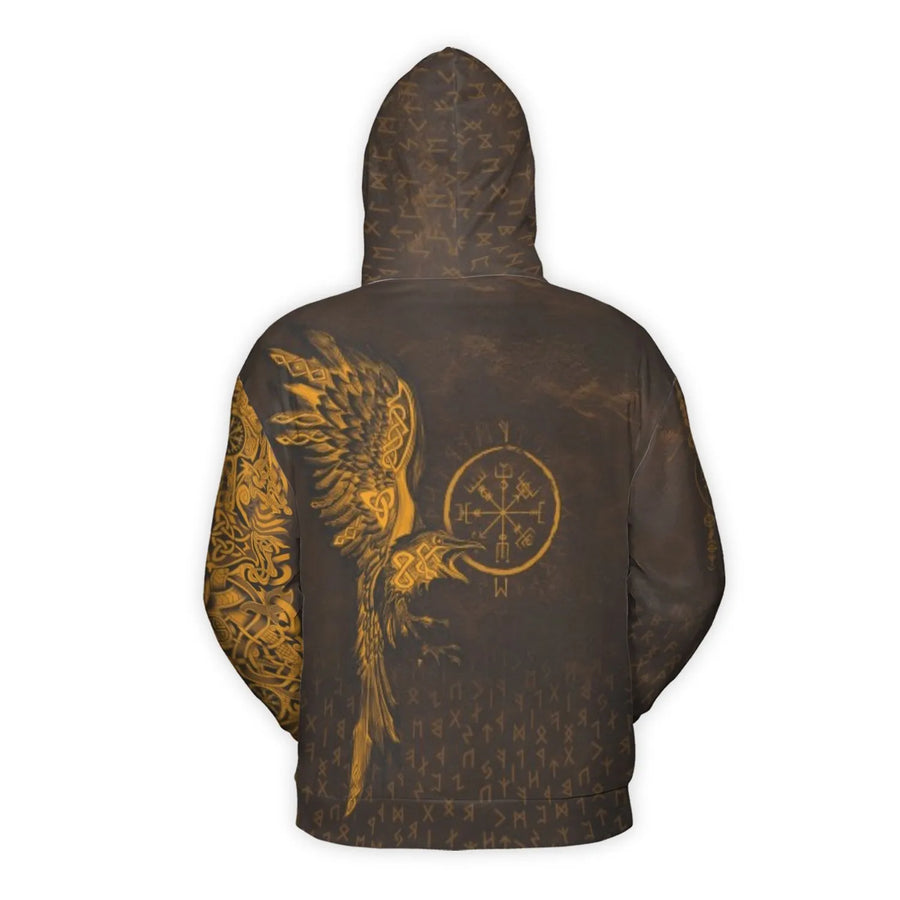 Viking Raven Hoodie | Norse Vegvisir Compass & Runes | Premium Brushed Fleece Polyester | Unisex Streetwear Gift for Viking Mythology Fans
