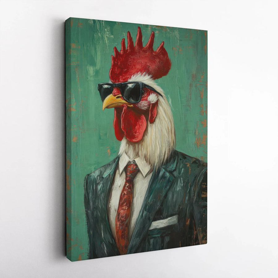 Rooster in Suit Painting | Funny Farmhouse Wall Art | Premium Gallery Wrap Canvas | Quirky Animal Portrait Decor for Office or Home Gift