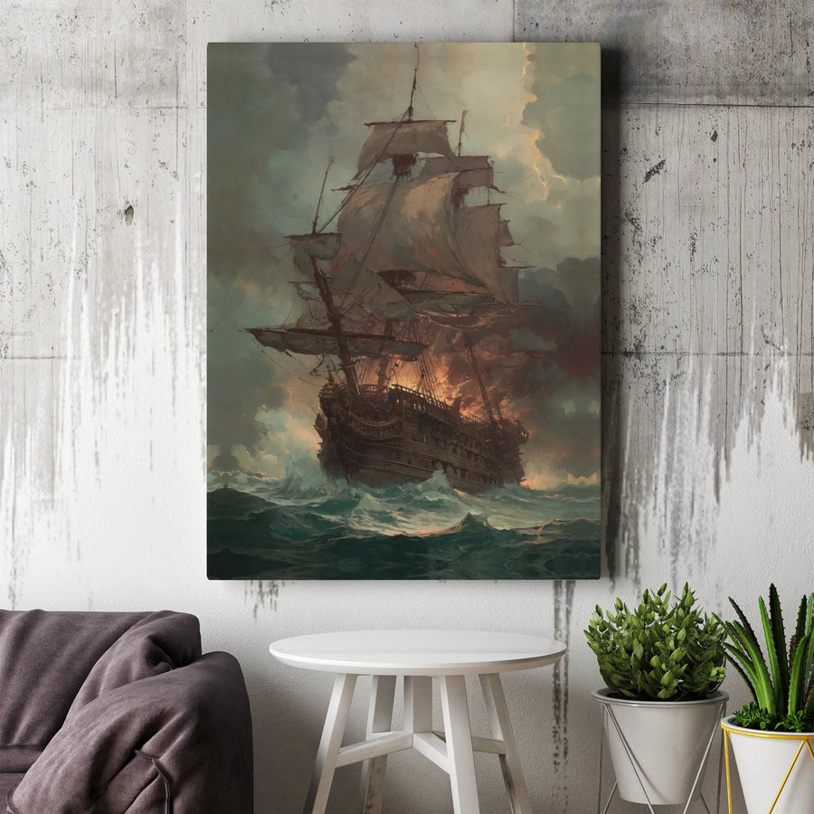 Burning Galleon Ship Canvas Art | Stormy Nautical Ocean Painting | Gallery Wrap Premium Wall Decor | Gift for Maritime History Collectors