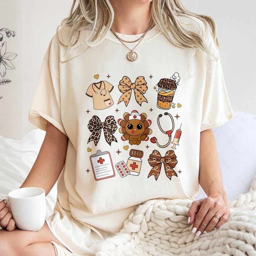 Nurse Thanksgiving T-Shirt | Cute Leopard Print Turkey & Medical Icons | 100% Cotton Premium Tee | Holiday Gift for Nurses & Healthcare Workers