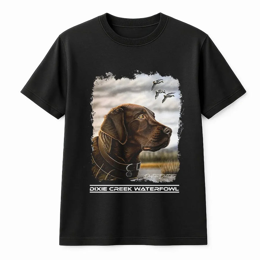Chocolate Labrador Hunting T-Shirt | Duck Dog Retriever Graphic | Premium Soft Cotton Tee | Outdoorsman Wildlife Gift For Men And Women