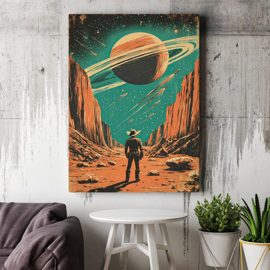 Retro Sci-Fi Cowboy Canvas Print | Cosmic Western Planet Wall Art | Premium 1.25 inch Gallery Wrap | Space Explorer Home Decor Gift