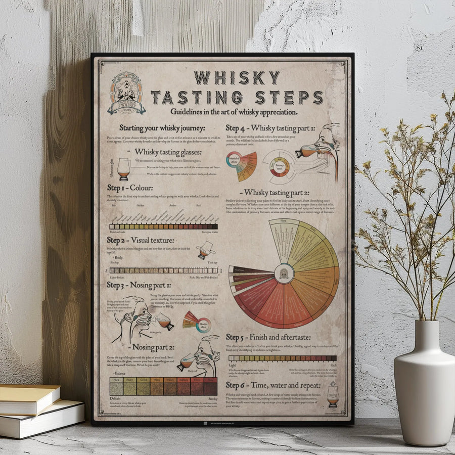 Whisky Tasting Poster | Bourbon Flavor Wheel Guide | Premium Gallery Wrap Canvas | Man Cave Decor Gift for Whiskey Lovers