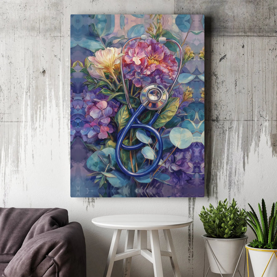 Floral Stethoscope Canvas Wall Art | Watercolor Botanical Medical Illustration | Premium Gallery Wrapped Canvas | Unique Gift for Doctor, Nurse, Med Student