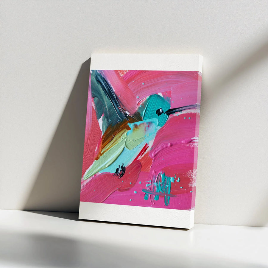 Abstract Hummingbird Canvas Wall Art | Vibrant Impasto Style Painting Print | Premium Thick Gallery Canvas | Modern Living Room Decor Gift for Bird Lover