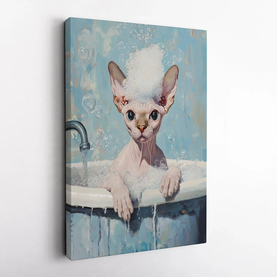 Sphynx Cat Canvas Wall Art | Bubble Bath Funny Bathroom Decor | Premium Gallery Wrap Print | Quirky Gift for Cat Lovers