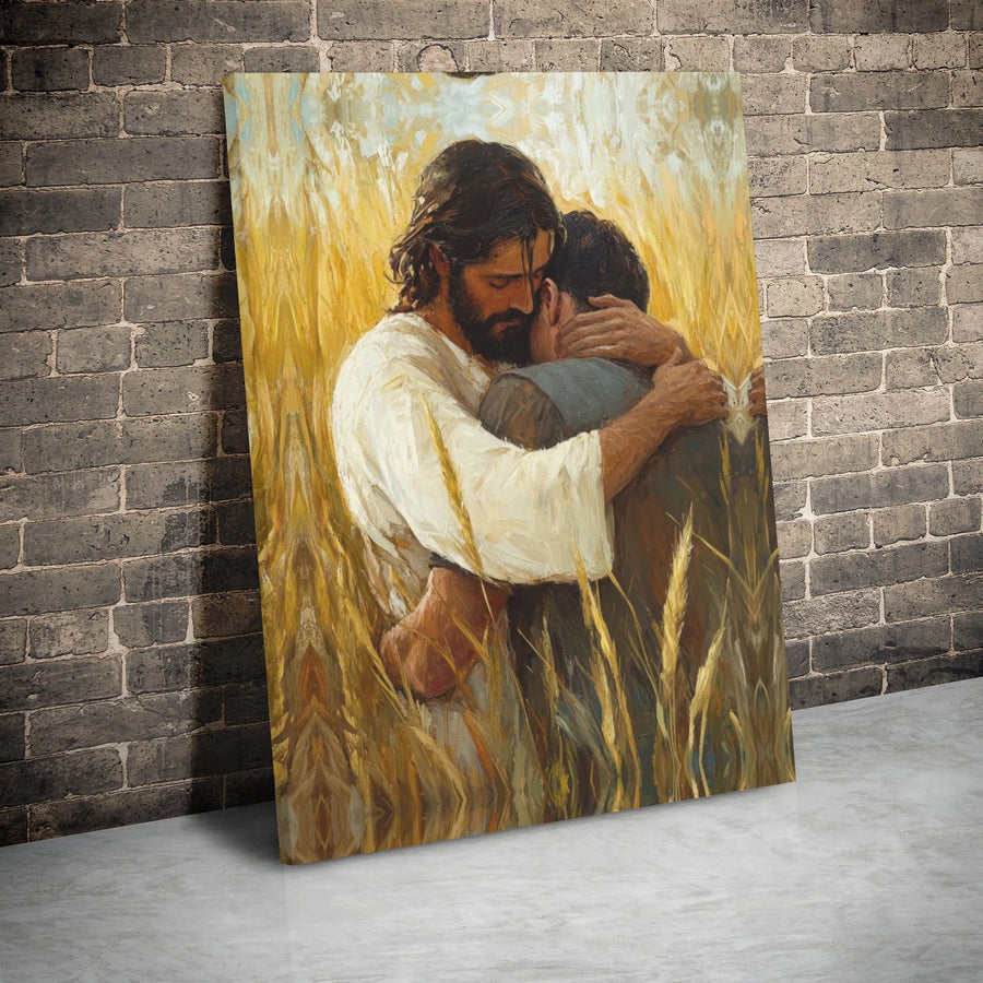 Jesus Christ Embracing Man Canvas Wall Art | Comforting Religious Painting | Premium Gallery Wrap Print | Christian Home Decor Gift