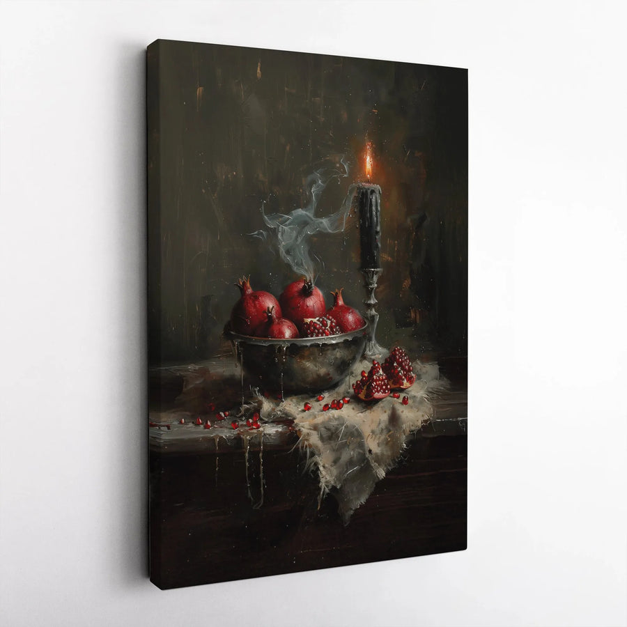 Still Life Pomegranate Canvas Print | Moody Dark Academia Kitchen Wall Art | 1.25 Inch Gallery Wrap | Elegant Dining Room Decor Gift