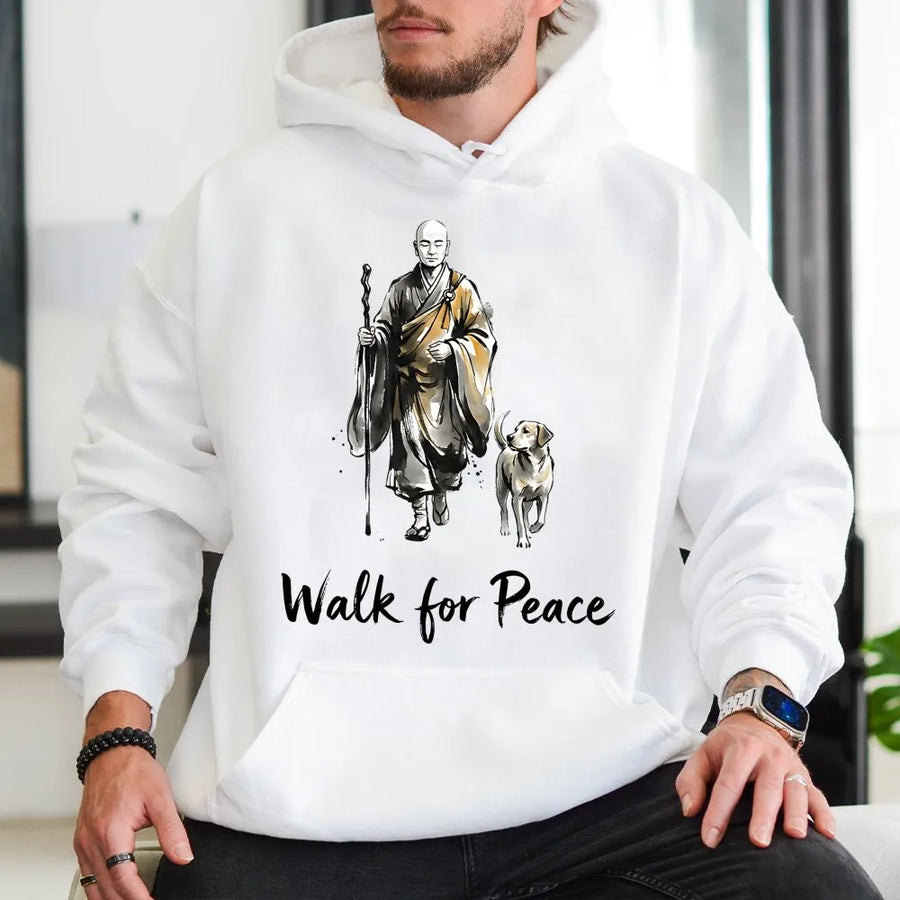 Walk For Peace Hoodie | Zen Monk And Dog Graphic Art | Premium Cotton-Blend Sweatshirt | Mindfulness Gift For Meditation Lovers