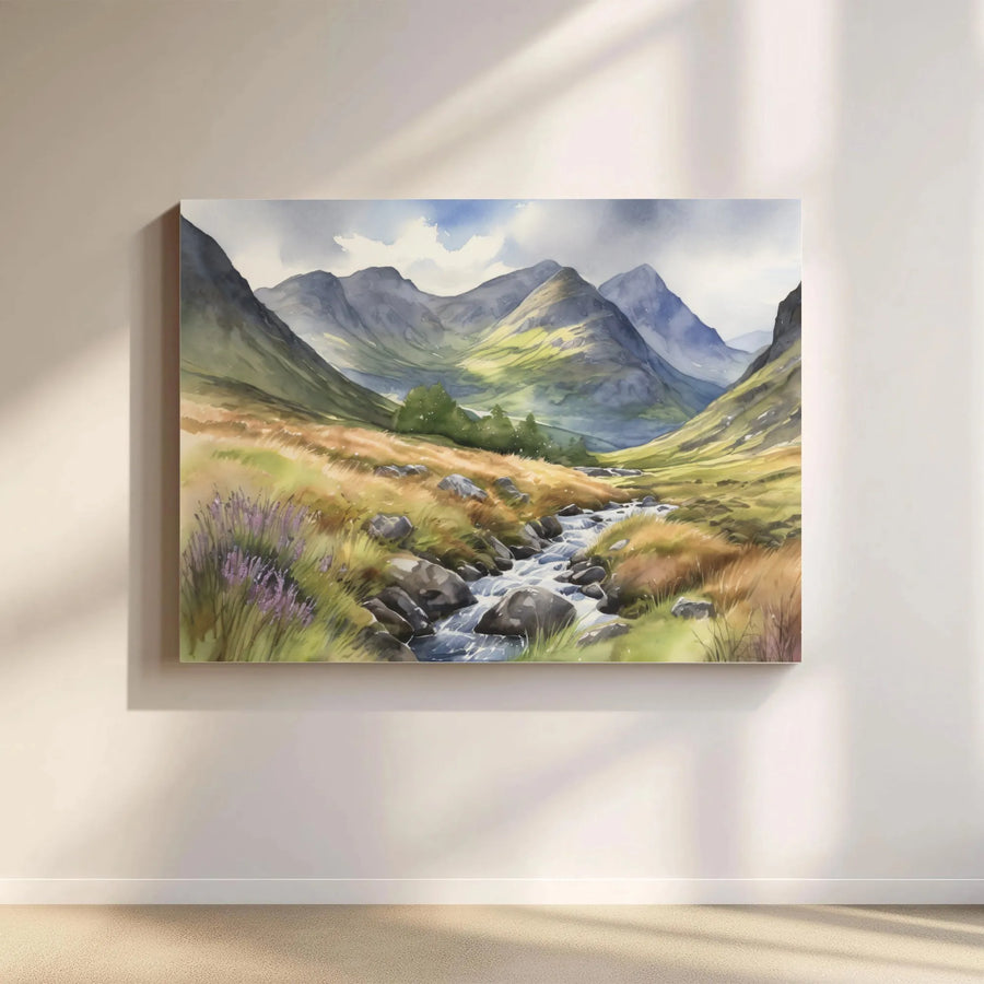 Scottish Highlands Landscape Wall Art | Watercolor Mountain River Scenic Print | Premium Gallery Wrapped Canvas | Nature Lover Home Decor Gift