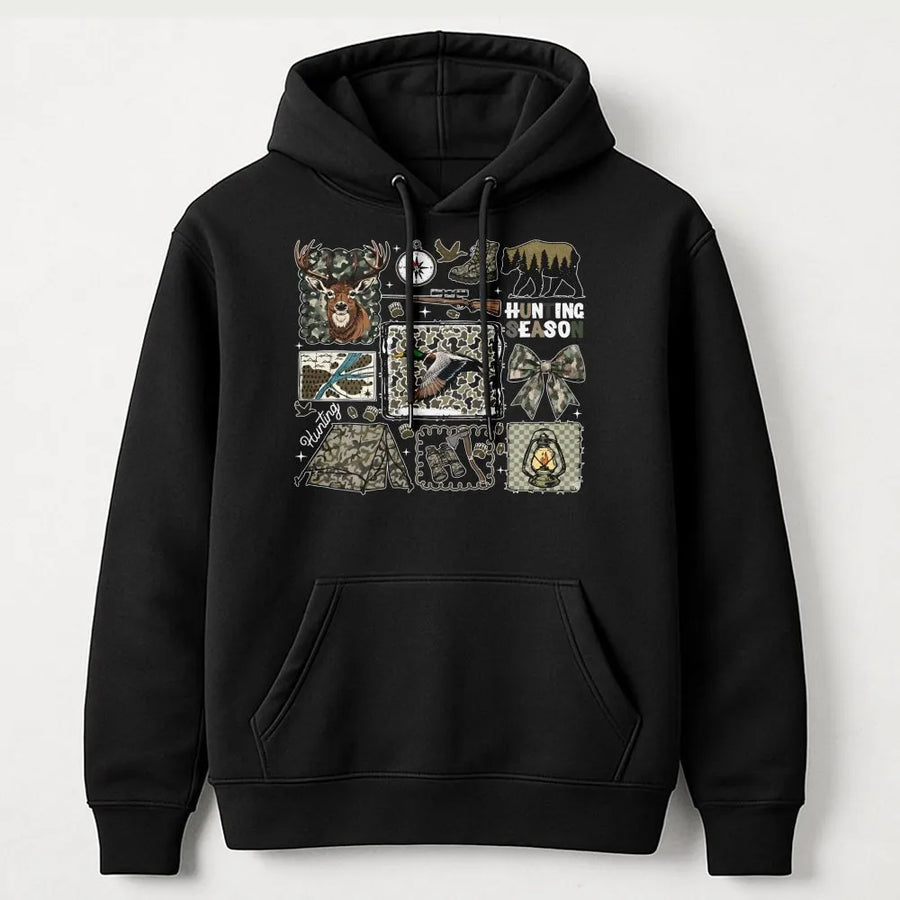 Hunting Season Hoodie | Deer and Duck Camo Graphic Print | Premium Cotton Blend | Gift for Hunters and Outdoorsmen