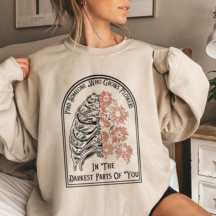 Find Someone Who Grows Flowers Ribcage Sweatshirt | Aesthetic Dark Botanical Graphic | Premium Cotton Blend | Gift For Him And Her