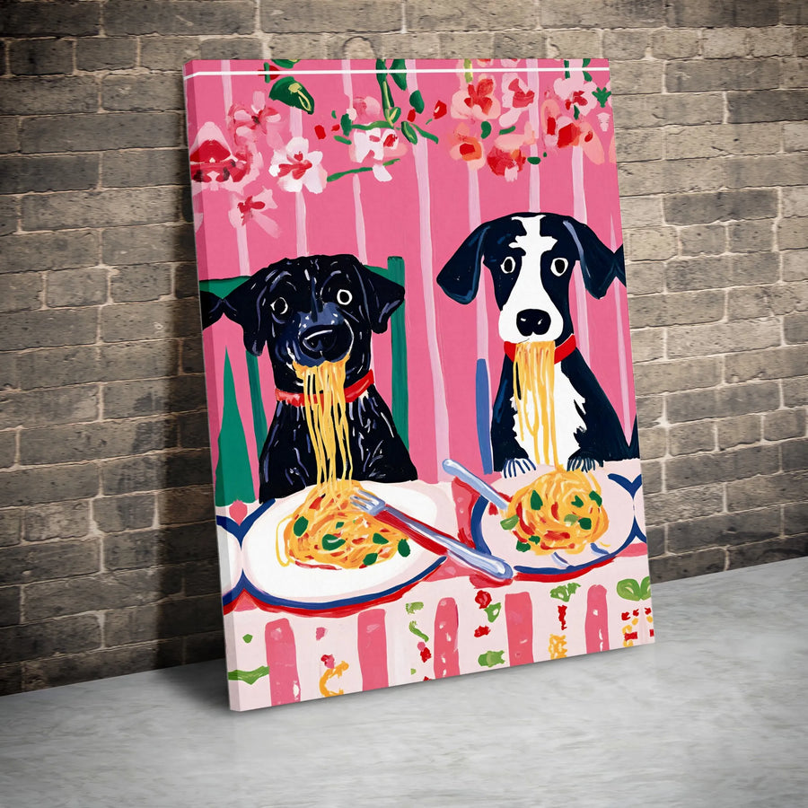 Dogs Eating Spaghetti Canvas Art | Whimsical Pet Portrait Wall Decor | Premium Gallery Wrap Print | Funny Dog Lover Kitchen Gift Idea