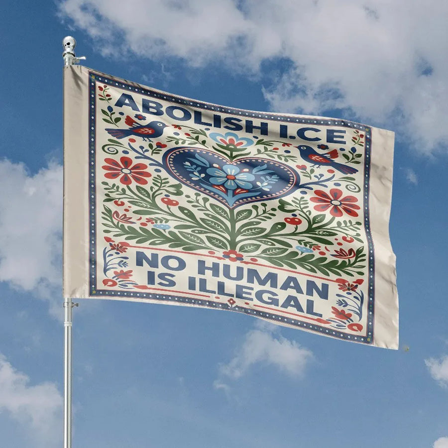 Abolish ICE House Flag | No Human Is Illegal Folk Art Design | Weather-Resistant Polyester | Social Justice Yard Decor & Activist Gift