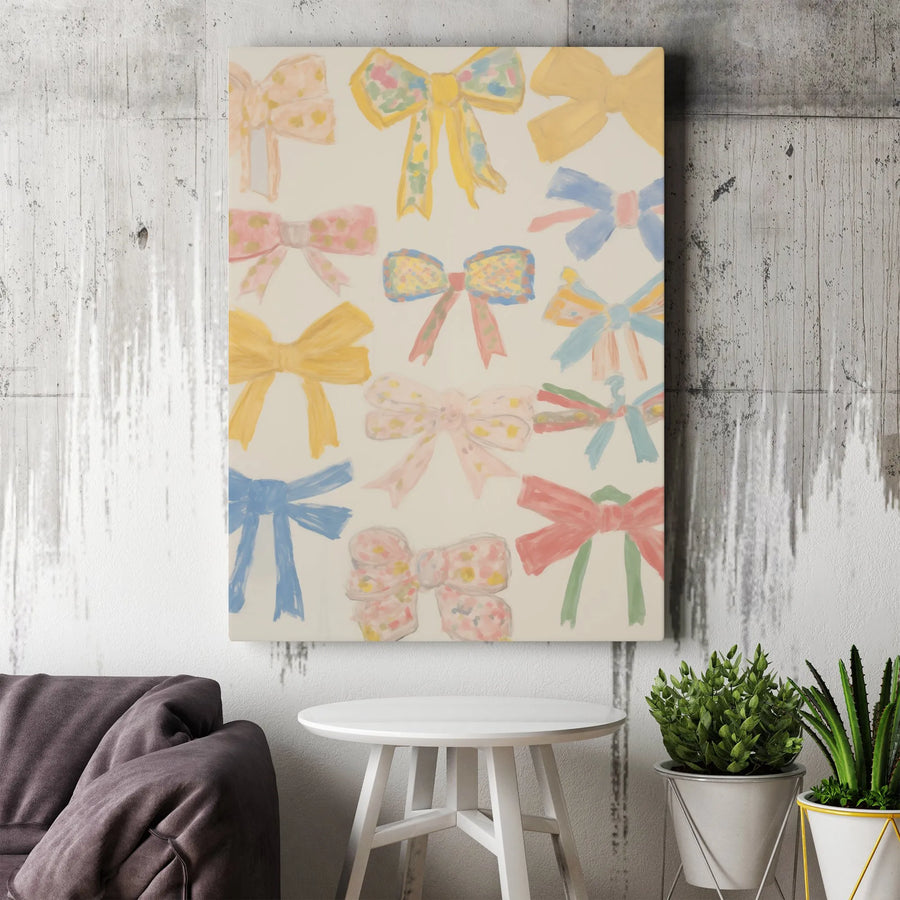 Pastel Bows Wall Art Canvas | Aesthetic Ribbon Illustration Print | Premium Gallery Wrapped Decor | Cute Girly Bedroom Aesthetic Gift
