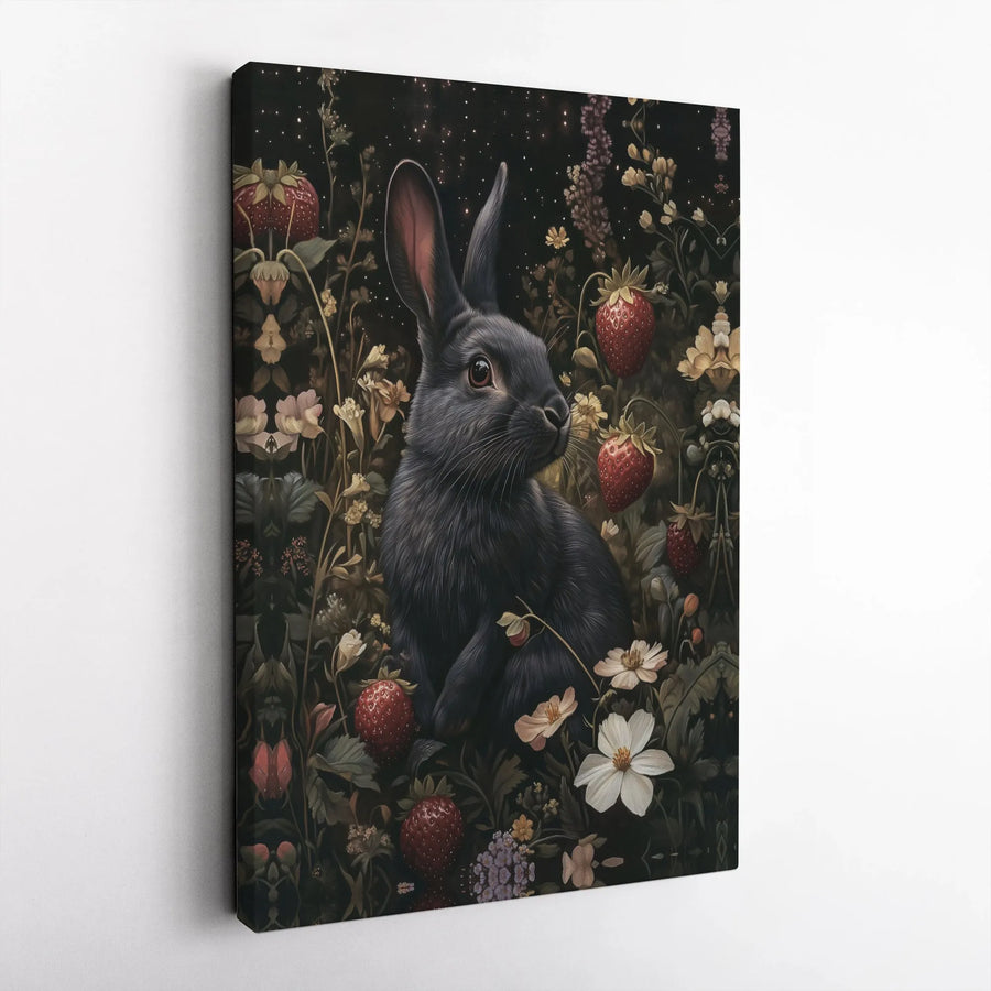 Dark Academia Rabbit Canvas Art | Vintage Strawberry & Wildflower Illustration | Premium Gallery Wrapped Print | Moody Cottagecore Woodland Decor Gift