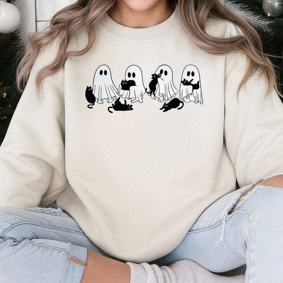 Ghost Cat Halloween Sweatshirt | Playful Spooky Kitten Graphic | Premium Cotton Blend | Unisex Cute Fall Gift for Cat Lovers