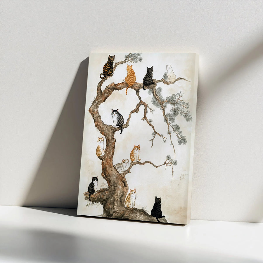 Cat Family Tree Vertical Canvas | Japanese Ink Wash Painting with Multiple Cats | Premium Wall Art | Unique Gift for Cat Lover & Home Decor