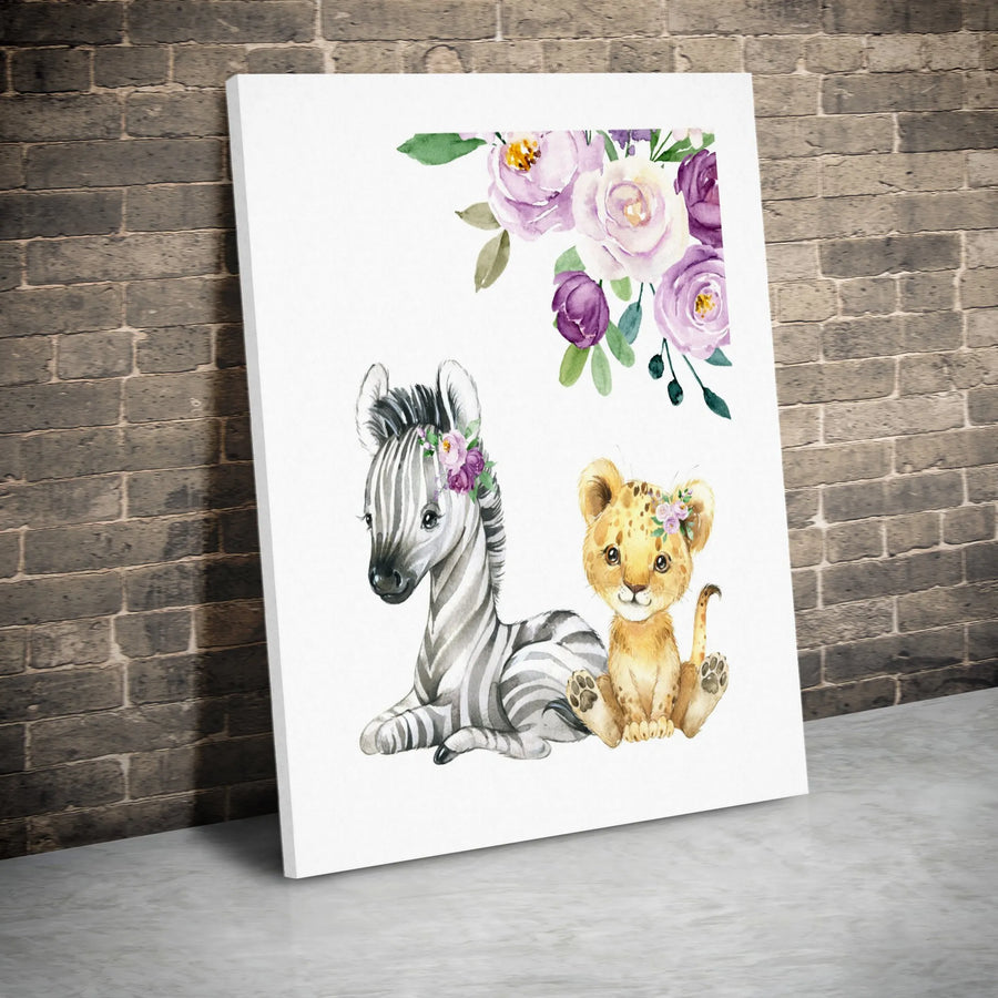 Baby Nursery Wall Art | Watercolor Zebra and Lion Cub with Floral Details | Premium Gallery Wrap Canvas | Cute Animal Safari Theme for Baby Room Decor