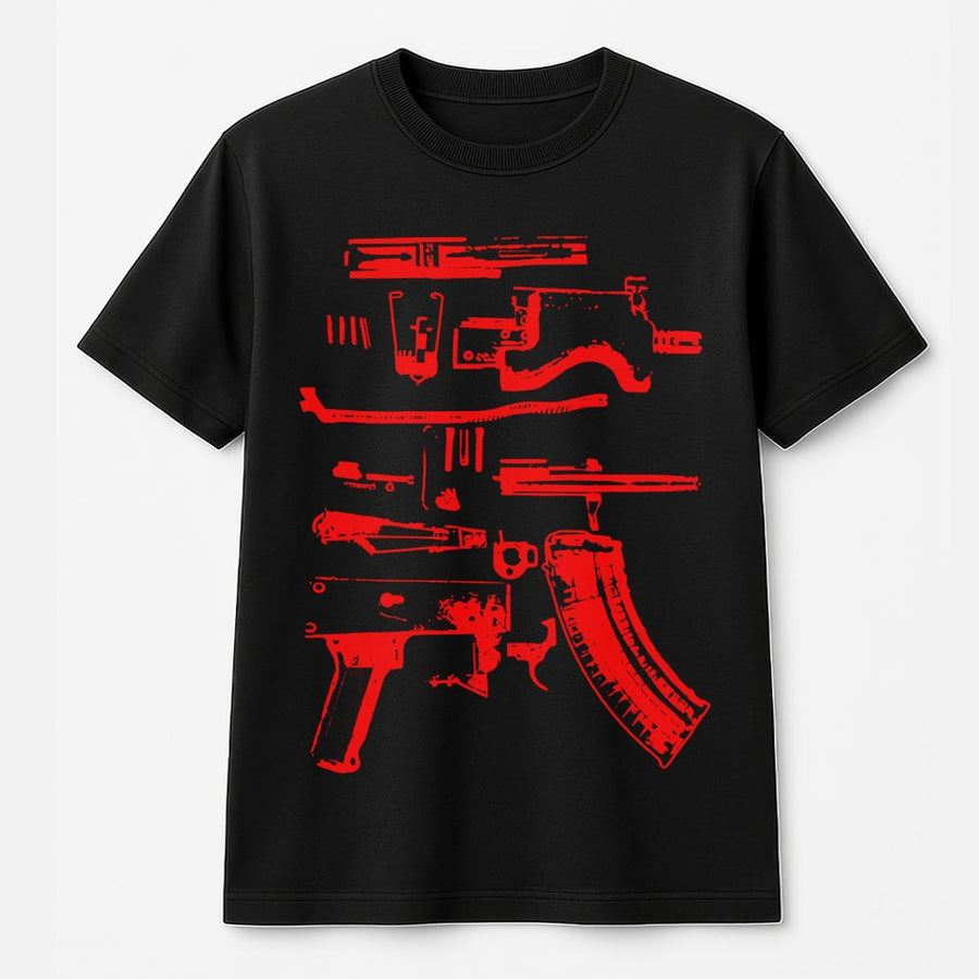 Firearms Parts Diagram T-Shirt | Tactical Weapon Schematic Graphic | 100% Cotton Premium Tee | Gift for Gun Enthusiast & Shooter