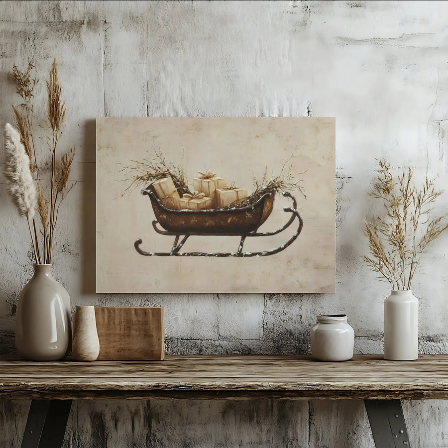 Rustic Christmas Sleigh Wall Art | Vintage Winter Gift Box Canvas Print | Premium Gallery Wrap Decor | Holiday Farmhouse Home Accent
