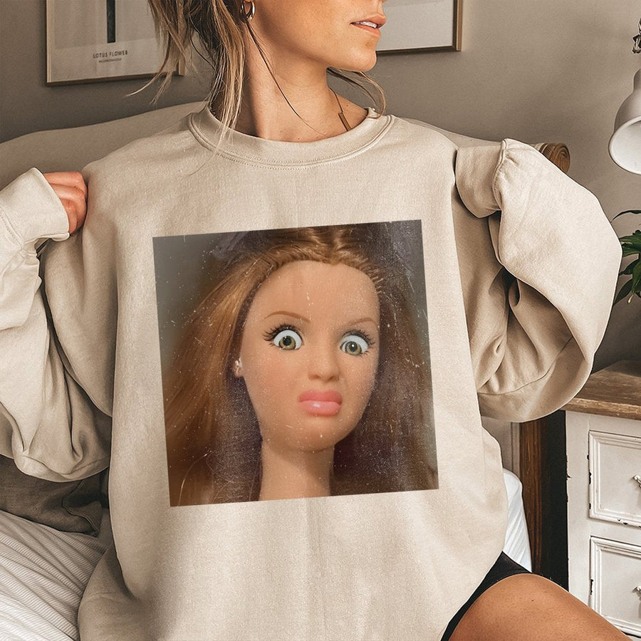Shocked Doll Meme Sweatshirt | Funny Facial Expression Graphic | Premium Cotton Blend Crewneck | Sarcastic Humor Gift for Friends