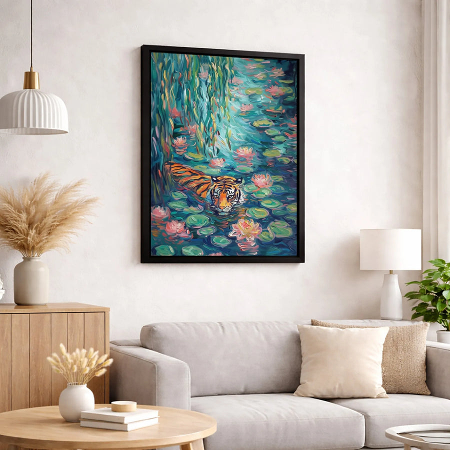 Tiger In Water Lily Pond Canvas Wall Art | Impressionist Wildlife Painting | Gallery-Wrapped Premium Print | Nature-Inspired Home Decor Gift