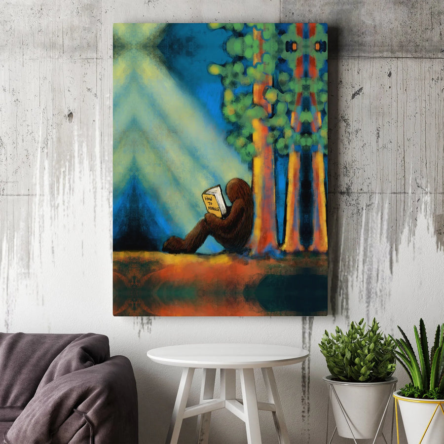 Bigfoot Reading Book Canvas | Funny Sasquatch Forest Wall Art | Premium 1.25-Inch Gallery Wrap | Whimsical Nature Decor Gift for Him