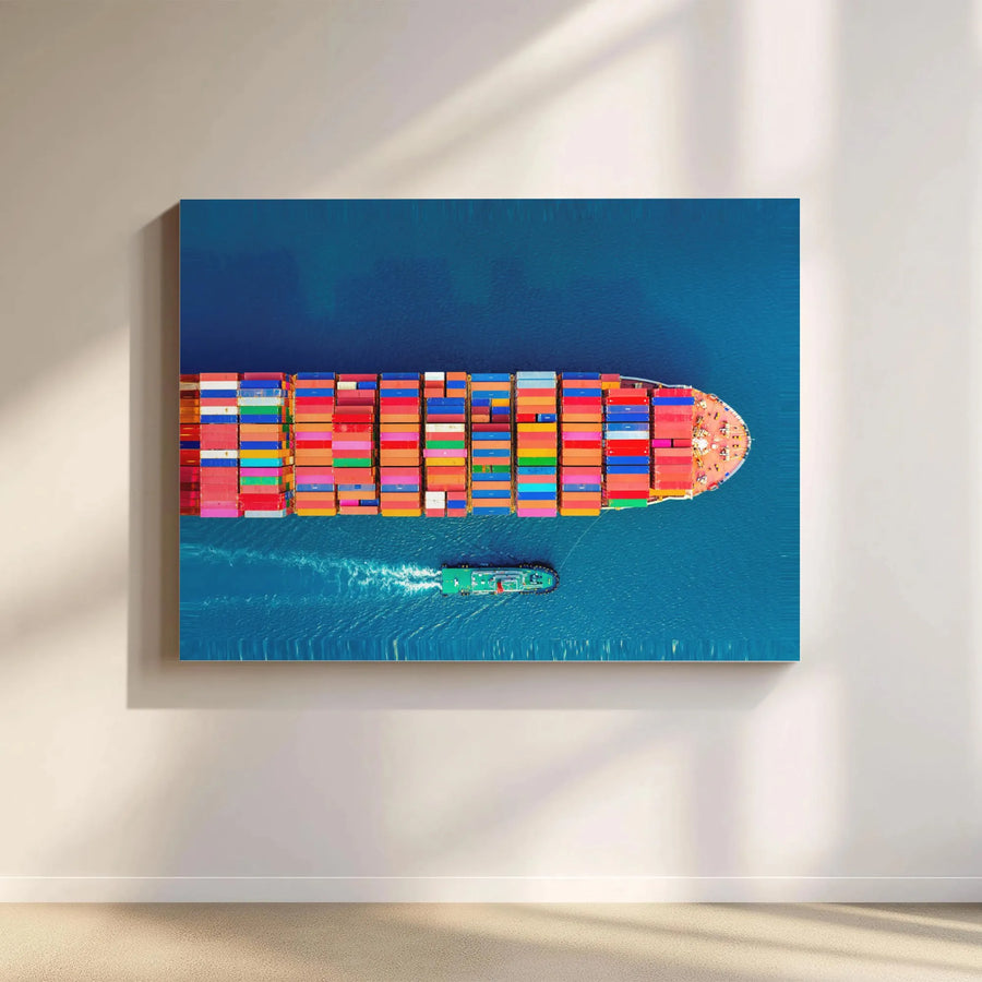 Container Ship Canvas Wall Art | Aerial Ocean View | Premium 1.25-Inch Gallery Wrap | Modern Office or Nautical Home Decor