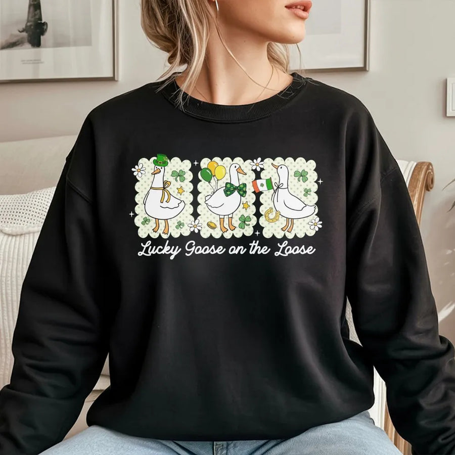 Lucky Goose St Patricks Day Sweatshirt | Cute Irish Shamrock Graphic Design | Premium Cotton Blend Crewneck | Funny Retro Gift for Women & Men
