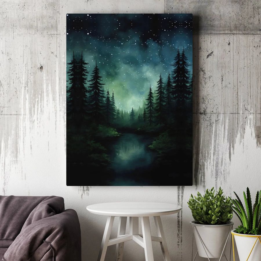 Mystical Pine Forest Canvas Wall Art | Starry Night River Landscape | Premium Gallery Wrap Print | Nature Lover Home Decor Gift