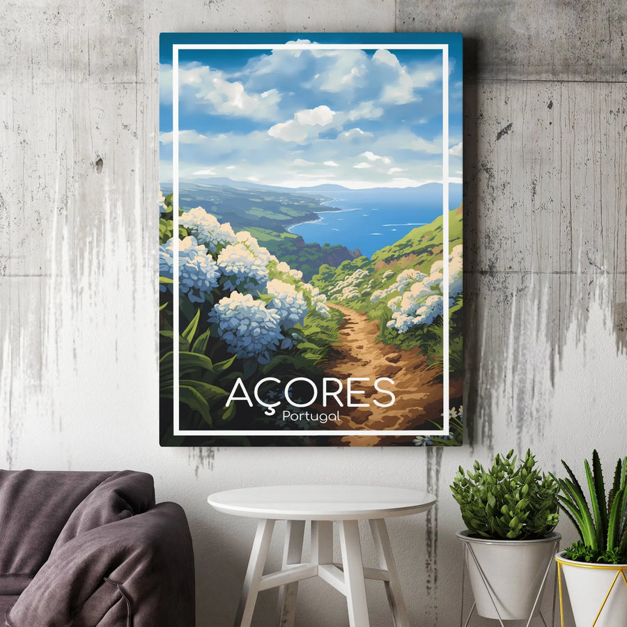 Azores Portugal Travel Poster Vertical Canvas | Retro Coastline & Hydrangeas Illustration | Premium 1.25 In Gallery Wrap Wall Art | Wanderlust Gift for Travelers