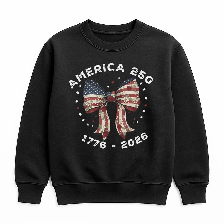 America 250 Sweatshirt | Patriotic Flag Bow with Florals | Soft Cotton Blend | 2026 Semiquincentennial Commemorative Gift for Men and Women