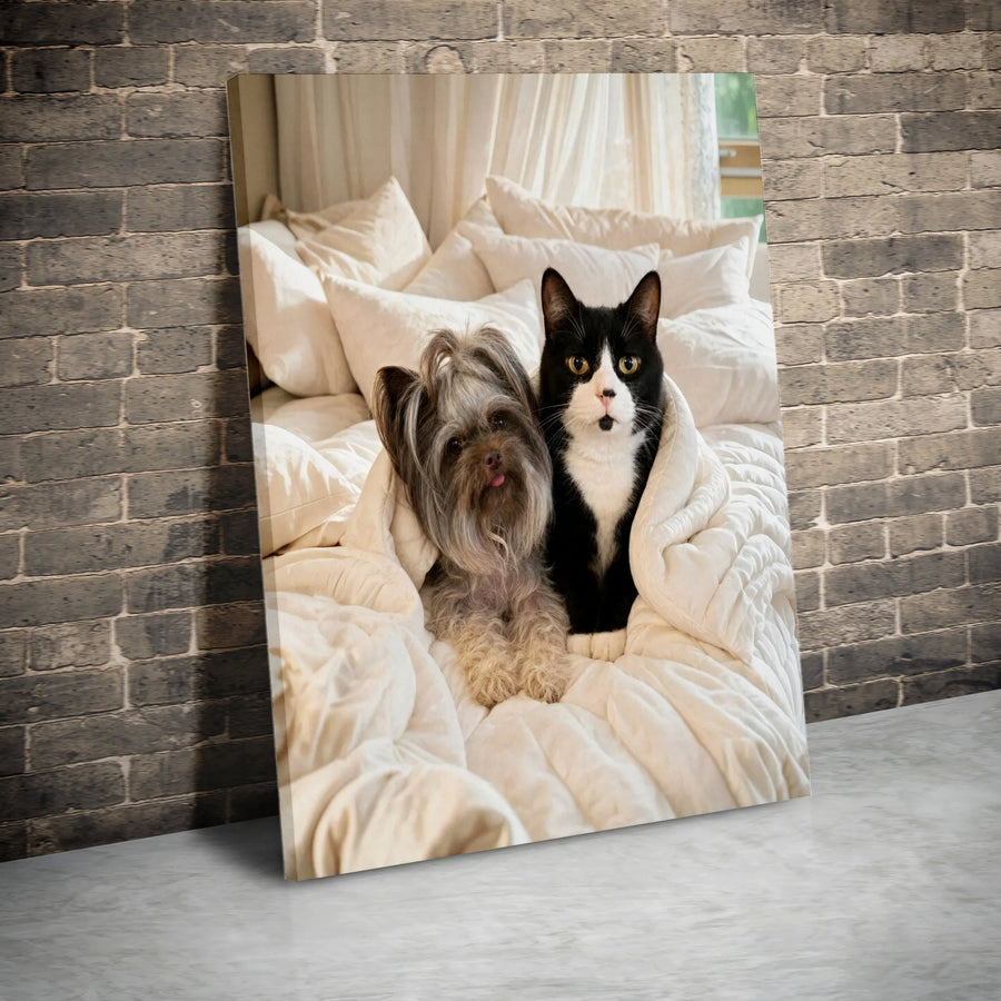 Cute Dog and Cat Bed Vertical Canvas | Adorable Tuxedo Cat & Yorkie Portrait Wall Art | Premium 1.25 Inch Gallery Wrap | Heartwarming Gift for Pet Lovers