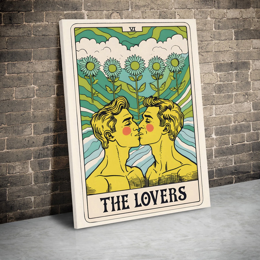 The Lovers Tarot Card Wall Art | Gay Couple Kissing Illustration | Premium Gallery Wrapped Canvas | Spiritual Pride Gift for Home Decor