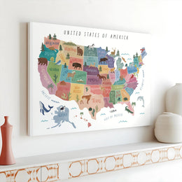 Kids USA Map Wall Art | Educational Animal and State Artwork | Premium Canvas Print | Nursery & Classroom Decor Gift