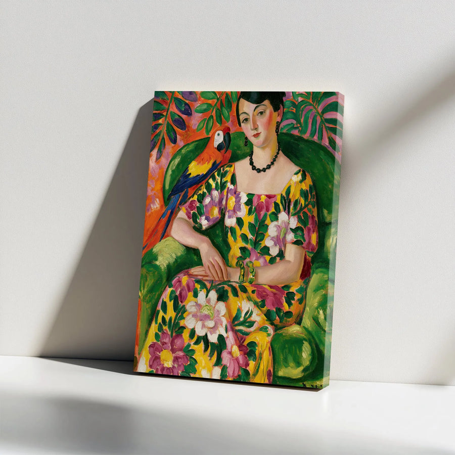 Vintage Expressionist Portrait Vertical Canvas | August Macke Woman with Parrot Painting | Premium 1.25 In Gallery Wrap | Elegant Fine Art Gift for Living Room Decor