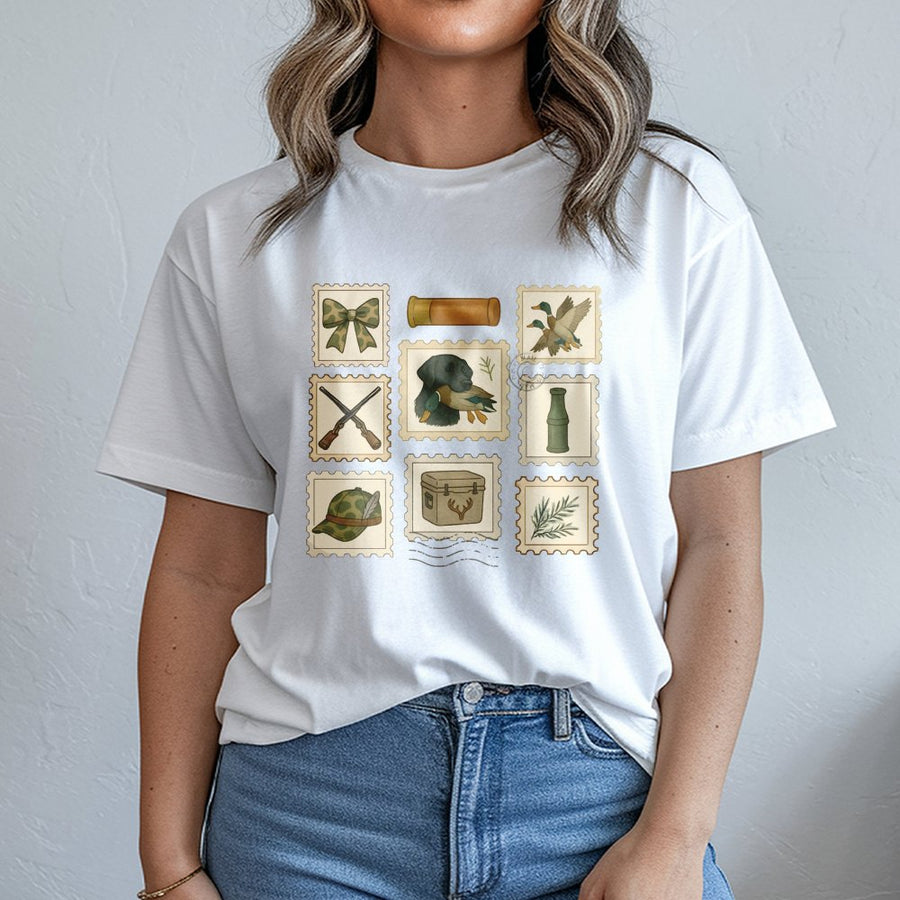 Duck Hunting Graphic T-Shirt | Preppy Coquette Stamp Aesthetic | 100% Cotton Premium Tee | Unique Gift for Hunters & Outdoorsy Women
