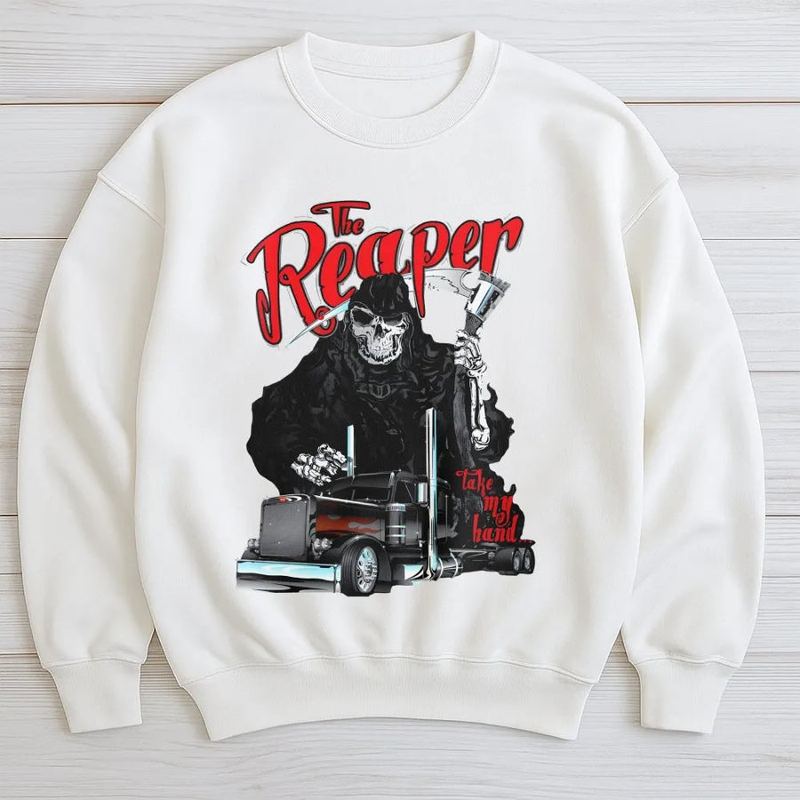 The Reaper Trucker Sweatshirt | Skull Semi Truck Graphic Print | Premium Cotton Blend Crewneck | Gift for Truck Drivers and Heavy Duty Enthusiasts