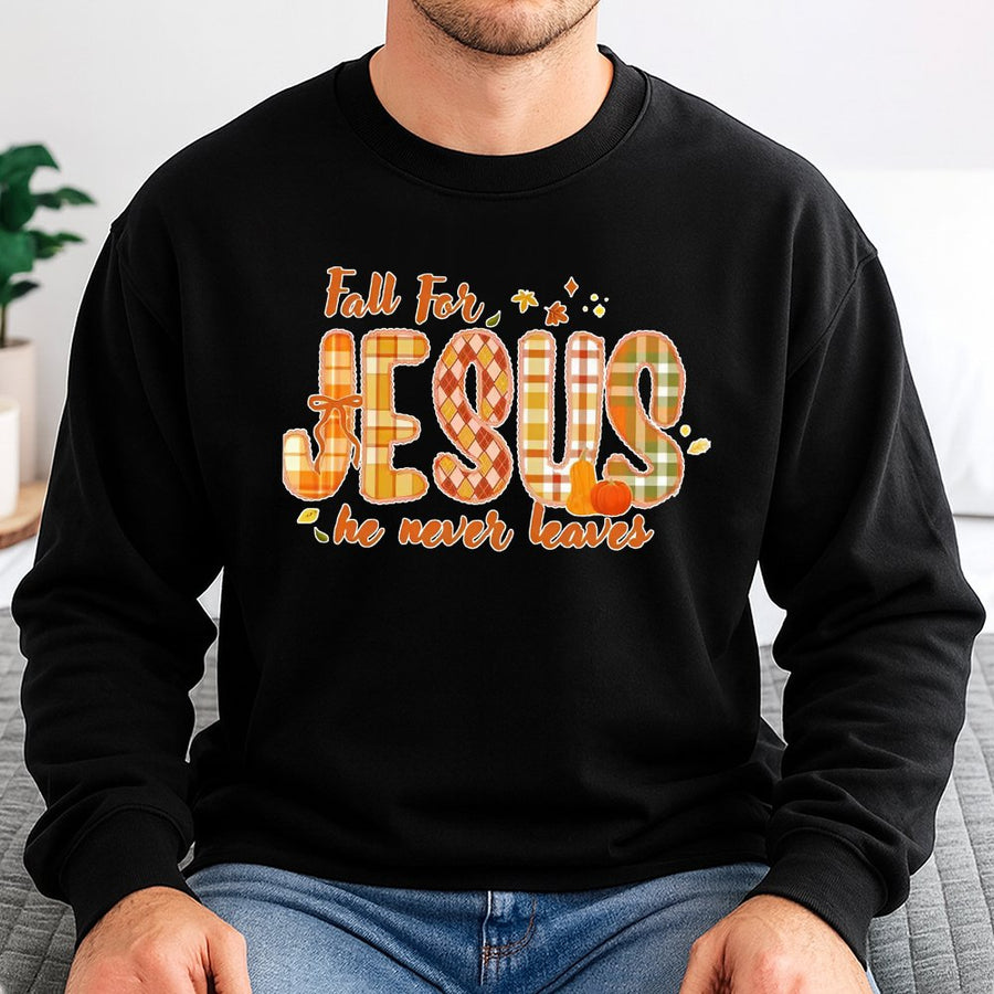 Fall For Jesus Sweatshirt | Plaid Pumpkin Christian Faith Design | Soft Cotton Blend Crewneck | Religious Autumn Gift For Women And Men