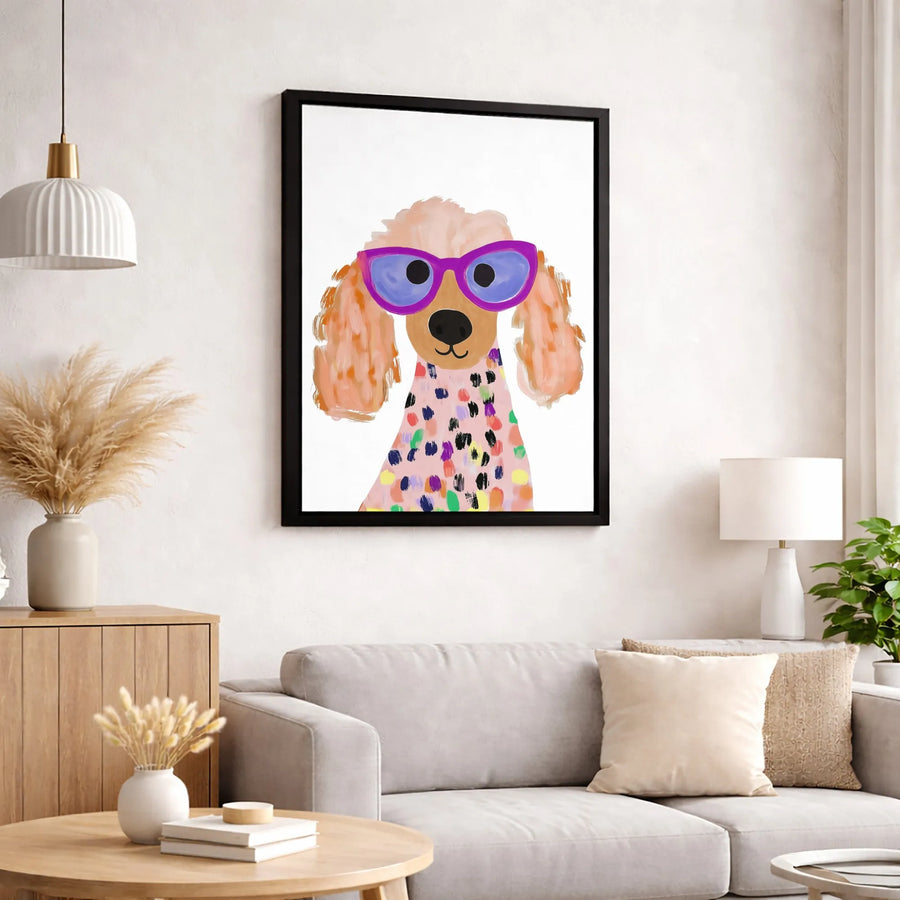 Poodle Wall Art | Funky Dog With Purple Sunglasses Print | Gallery-Quality Canvas | Modern Whimsical Home Decor Gift